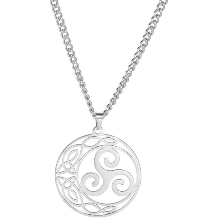 Collier Pendentif Triskelion - Symbole Spirale Soleil - Métal Argenté/noir - Longueur 46cm - Unisexe