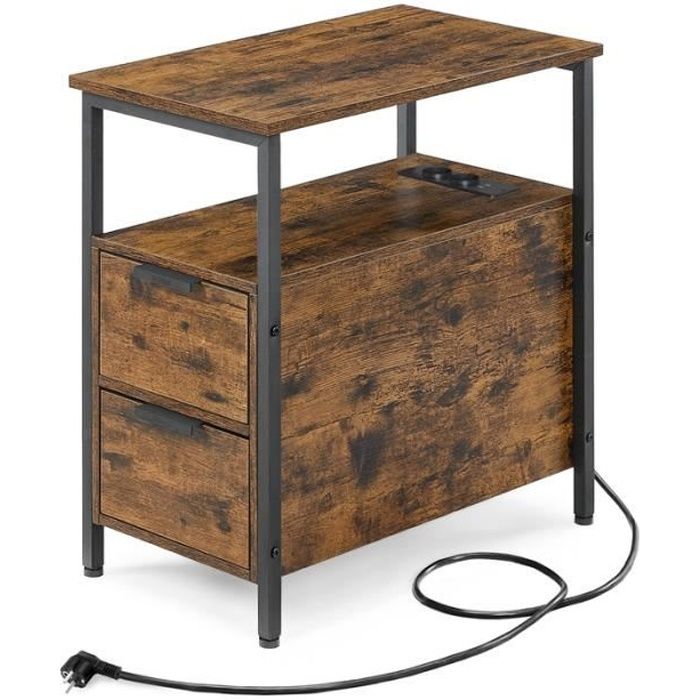Table d’Appoint avec Multiprise Petite Table Fine avec 2 Tiroirs Table de Chevet avec Rangement Marron Rustique et Noir Classique
