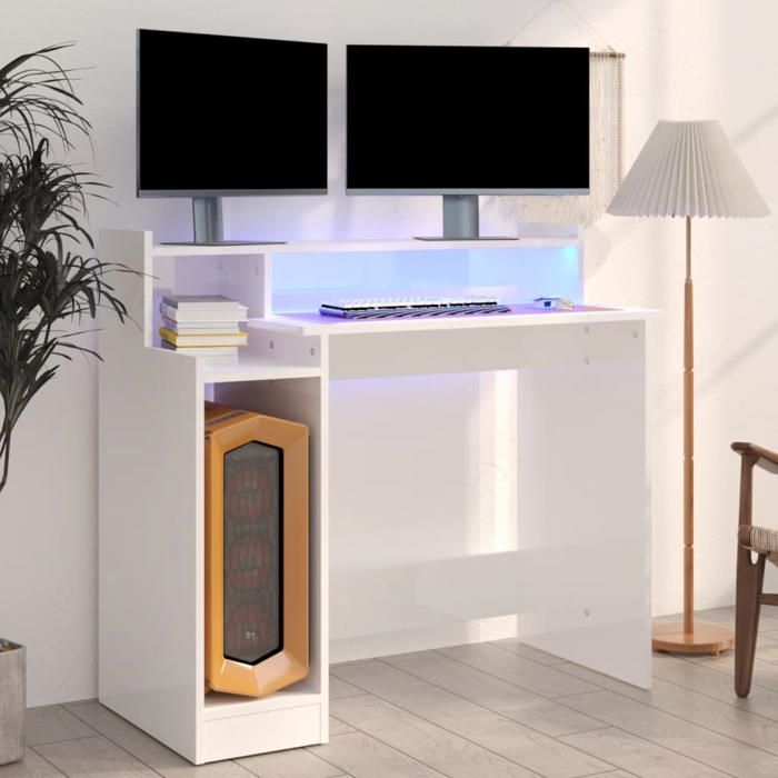 vidaXL Bureau avec Lumières LED Table dOrdinateur Bureau dEcriture Table dEtude Informatique Blanc Brillant 97x45x90 cm 805558