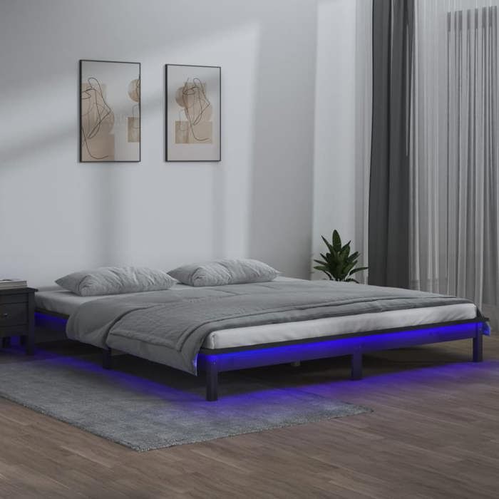 vidaXL Cadre de lit à LED sans matelas gris 140x190 cm bois massif 820653
