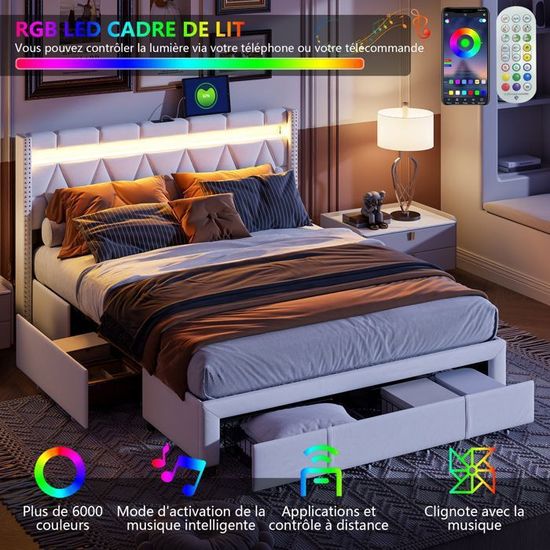 Lit Double 140x200 Cm Avec Tête De Lit Rangement Et éclairage LED - Cadre Flottant, Sommier Inclus - Tissu Lin Beige - Capacité 250 Kg