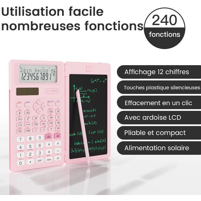 Calculatrice Scientifique 240 Fonctions - Écran 12 Bits Deux Lignes - Couvercle Coulissant Rigide - Pour étudiants - Rose