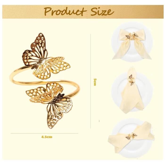 Lot De 12 Ronds De Serviette Papillon Doré - Alliage Zinc, 7x7cm, Décoration Table Mariage, Anniversaire, Fête