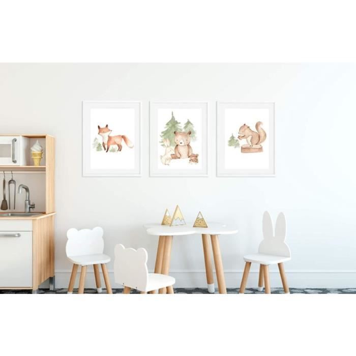 WBdesignz Lot 3 Posters Enfant - Renard, Chevreuil, Raton Laveur - Aquarelle, Sans Cadre