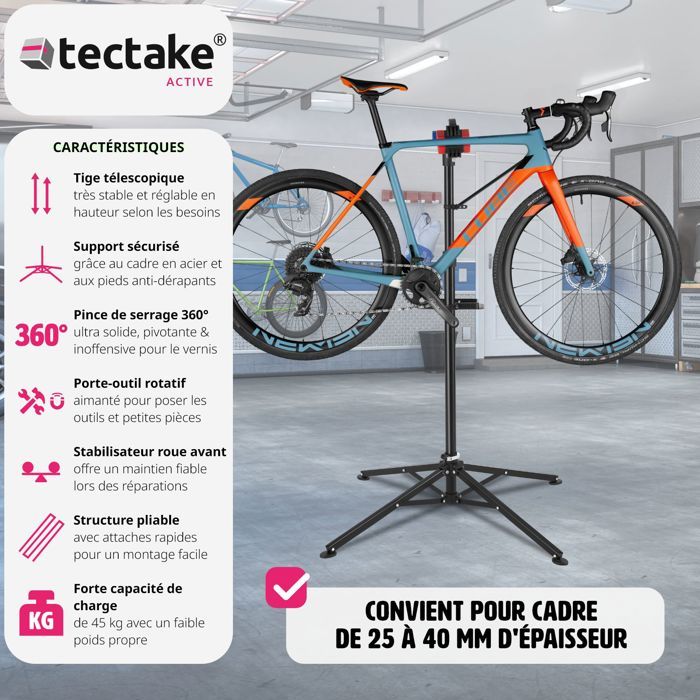 TECTAKE Support de Montage Vélo, Pied d'Atelier d'Entretien de Réparation  Charge 25 kg Réglable Pliable 85 cm x 85 cm x 200 cm - Cdiscount Sport