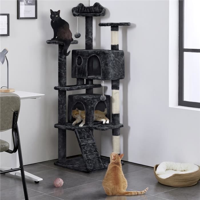 Arbre à Chat Grand Modèle Avec 3 Niches Et Plateforme - 167 Cm, Gris Foncé, Pour 2 à 4 Chats
