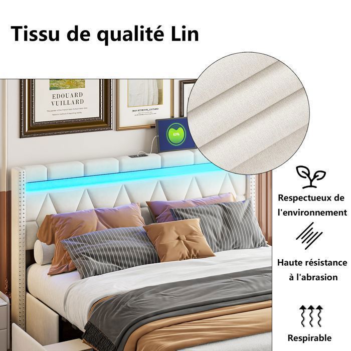 Lit Double 140x200 Cm Rembourré, Tête LED, 4 Tiroirs, USB, Lin Beige, Sans Matelas | Leroy Merlin