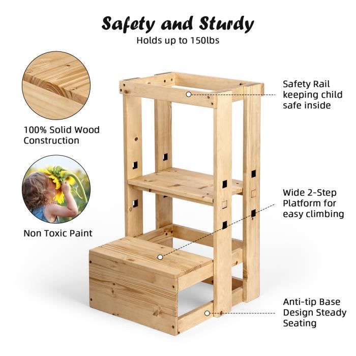 XIHATOY-Escabeau de cuisine pour enfants avec rail de sécurité, tour debout  en bois pour tout
