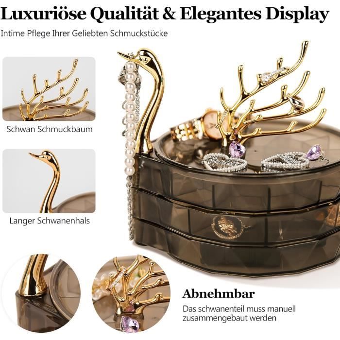 Porte-bijoux Rotatif 3 Niveaux Métallique Avec Plateau Velours - Réglable En Hauteur (30-42 Cm) - Rangement Colliers, Bracelets, Bagues - Cadeau Femme