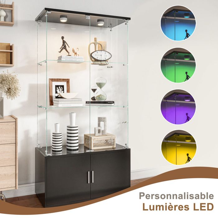 Vitrine en verre trempé noir à 3 couches et 2 portes, armoire de