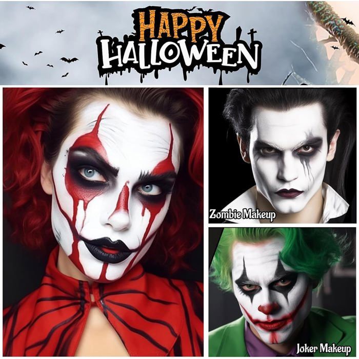 Kit Maquillage Halloween Rouge Et Blanc - 2 Pots 60g + Pinceaux - Pour Visage Et Corps, Enfant/Adulte, Cosplay - 5