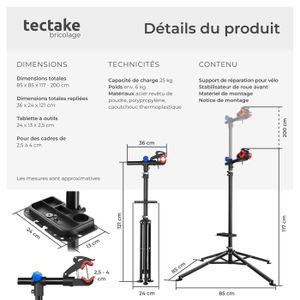Tectake Support De Réparation Pour Vélo Poids Supporté 50 Kg Pliable Avec Fermetures Rapides Gris Noir