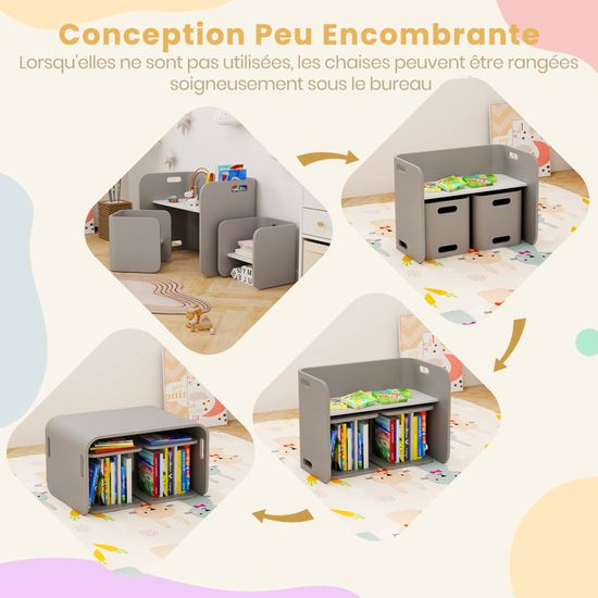 Ensemble Table Et 2 Chaises Empilables Pour Enfants 3+ Ans - Table Avec Bac Rangement, Charge 90 Kg - Gris, Design évolutif