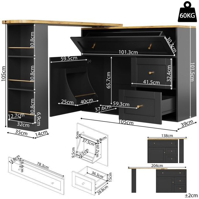 Table De Bar Extensible 120 à 180 Cm - Rotative, Avec Rangement, Design Moderne Noir/blanc
