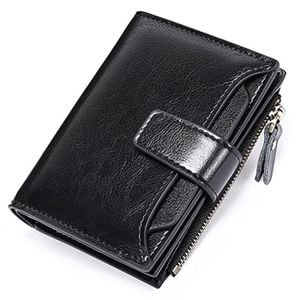 TOUT EN UN la couleur noire Petit portefeuille en cuir véritable pour femme, Compact et pliable, avec blocage RFID, mult