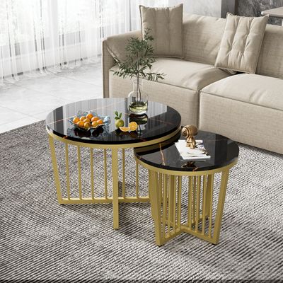 Lot De 2 Tables Basses Rondes Design - Plateau Marbre Et Pieds Métal Doré | Salon Moderne Et Fonctionnel