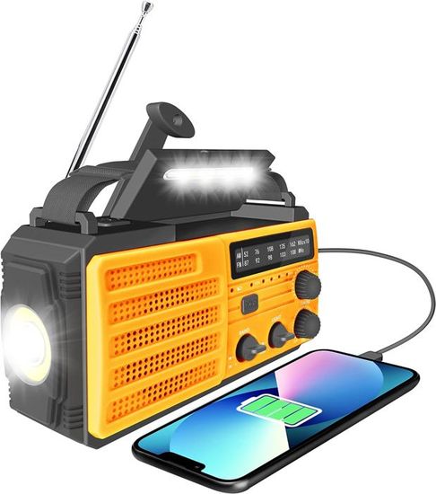 Radio Multifonction D'urgence 6 En 1 - Manivelle, Solaire, 8000 MAh, Lampe, Boussole - Pour Camping, Randonnée, Panne - 10