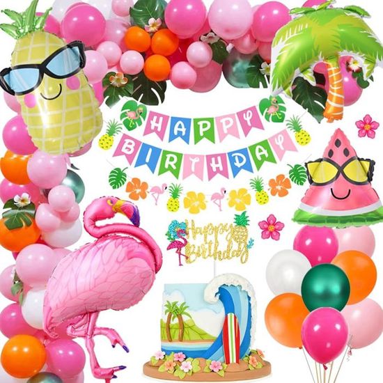 Kit Déco Tropical Hawaïen – Arche Ballons Flamant Rose, Ananas, Tortue, Bannières – Fête Anniversaire Et Piscine