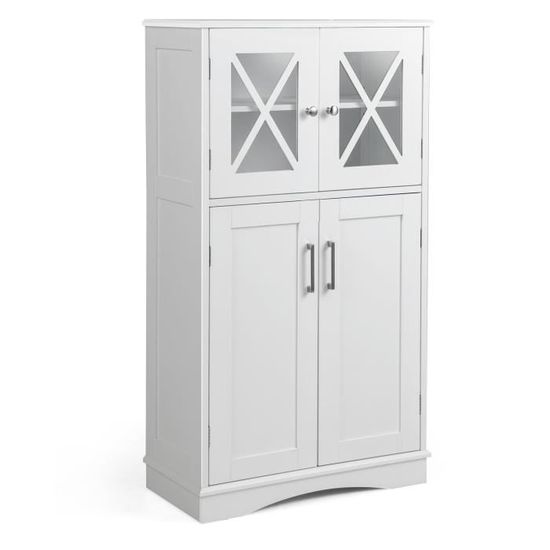 Meuble Salle De Bain 60x30x108 Cm – Colonne Avec 2 Portes Verre, 2 Tiroirs, étagère Réglable – Blanc