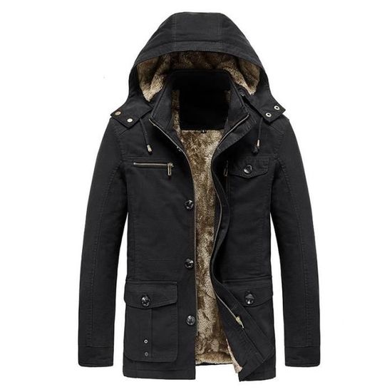 Manteau Hiver Capuche Homme Double Polaire Mi longue Chaud Epais en Coton Couleur Unie Noir Cdiscount Pret a Porter