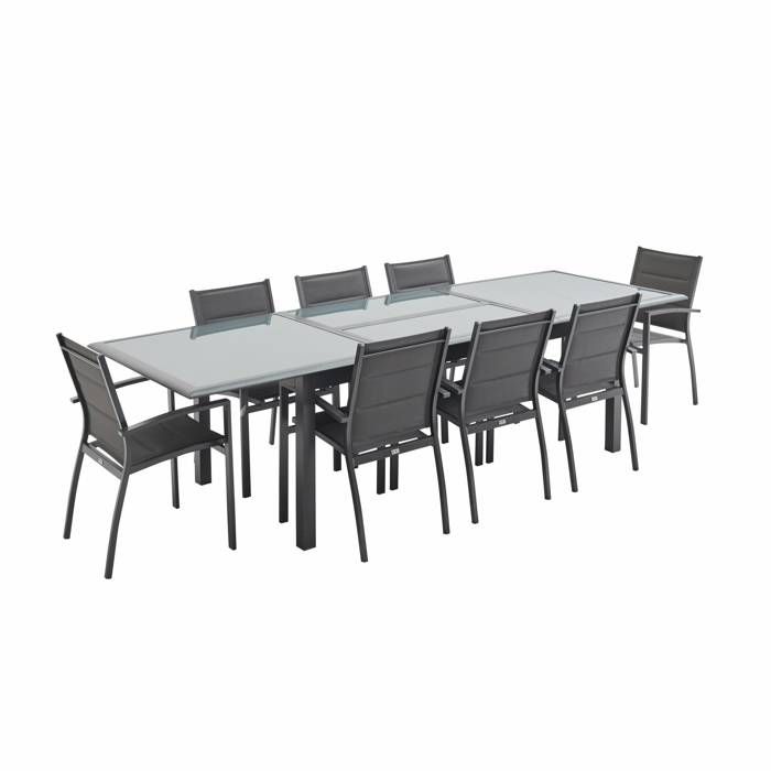 Salon de jardin table extensible - Philadelphie Gris anthracite - Table en aluminium 200/300cm, plateau de verre, rallonge et 8