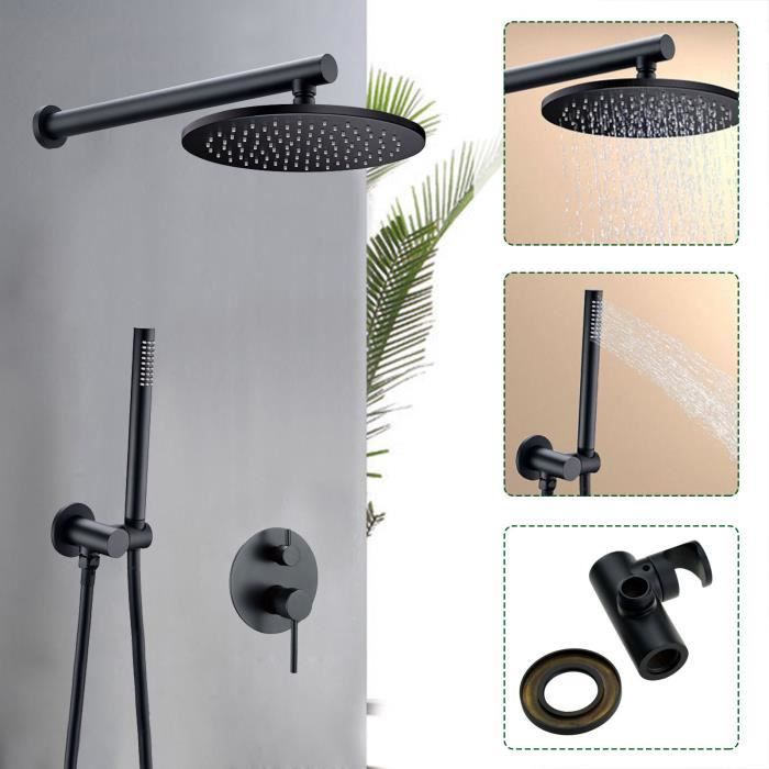 10 '' Pommeau de douche pluie Ensemble douche encastré Système de douche - Noir