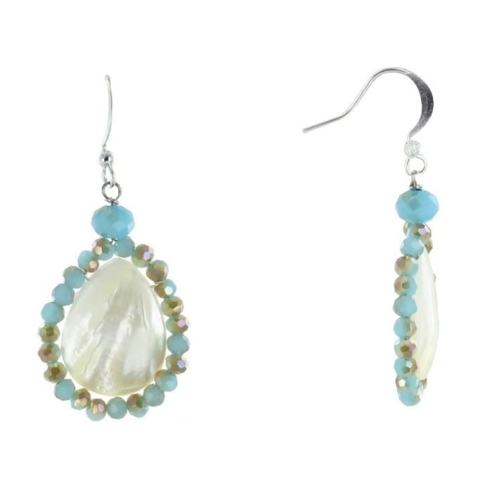 Les Poulettes Bijoux - Boucles d'Oreilles Argent Goutte de Nacre Perles de Verre Facettées Bleu