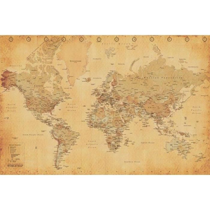 Carte du monde effet ancien (Dimensions : 61 x 91.5cm