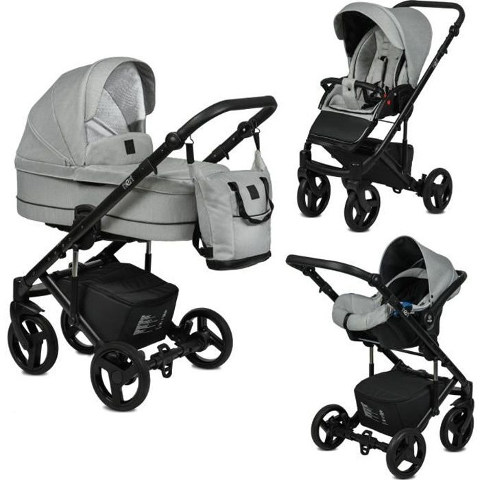 Poussette Trio 3 en 1 Neri Gris clair – Landau, poussette promenade, siège auto Groupe 0+ - Avec ses accessoires.