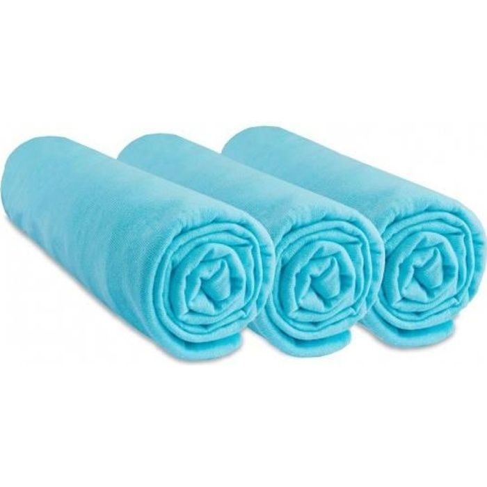 Lot 3 Draps housse Jersey coton 60x120 Turquoise