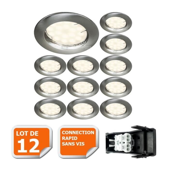 Lot de 12 Spots LED encastrable - Ronde et fixe - Alu brossé - 50W - Blanc neutre
