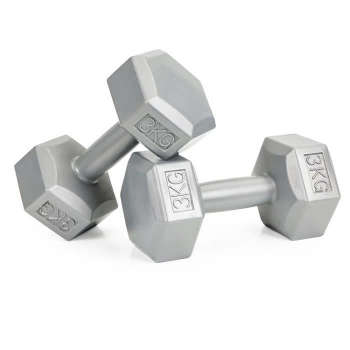 MSTORE - Haltères fitness 2x3kg - Poignée profilée - Forme hexagonale - Sport - Gris
