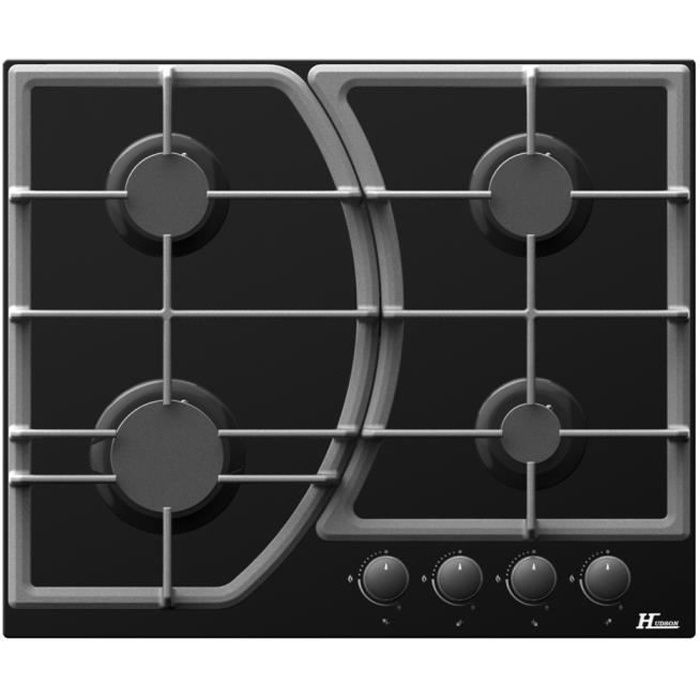HTGBF4VN - Table de cuisson 4 Foyers Gaz Encastrée 60 cm – Verre Noir – L 58xl 51xH 5cm – Allumage automatique – Sécurité Thermocoup