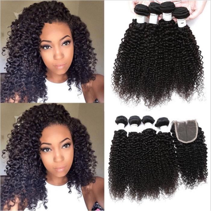 3 TISSAGES BRÉSILIEN 8A 100% HUMAN HAIR WEAVES KINKY CURLY 12-30 POUCE AVEC DENTELLE CLOSURE 4x4 Free Part 50g/pc