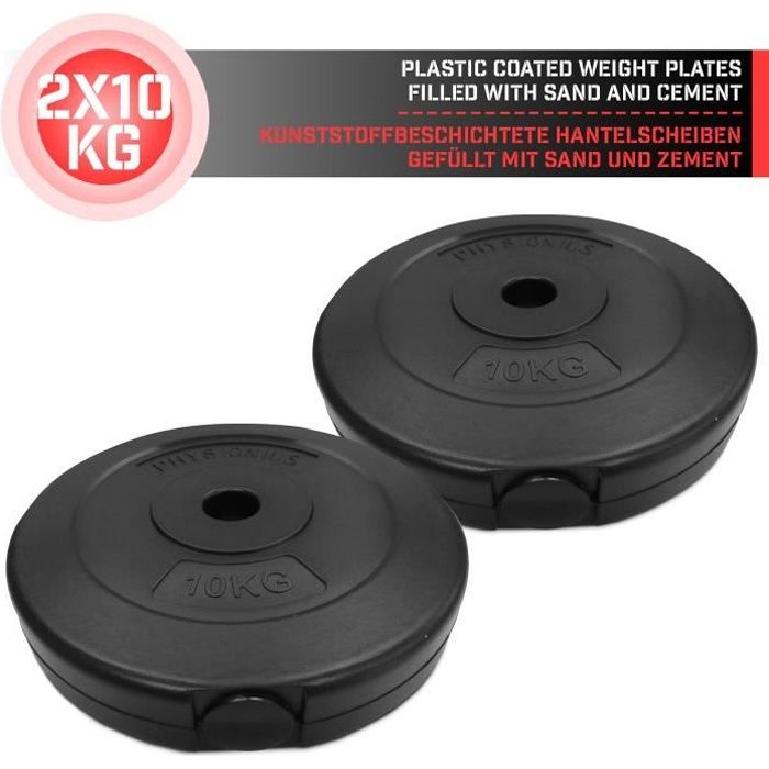 Physionics® Disques de Poids - Set de 2 x 10 kg, Ø 27 mm, avec Revêtement en Plastique - Plaques pour Haltères, Fitness, Musculation
