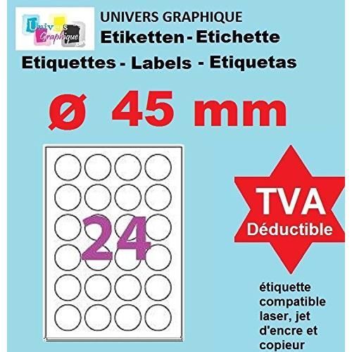 100 Planches de 24 étiquette rondes diamètre 45 mm = 2400 étiquettes Ø 45 - Blanc Mat - pour imprimantes Laser et Jet d'encre - Feui