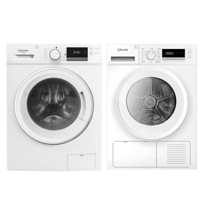 Pack VEDETTE Lave-Linge Frontal 8kg 1400 trs/min + Sèche-Linge 8kg Pompe à Chaleur 85 Blanc