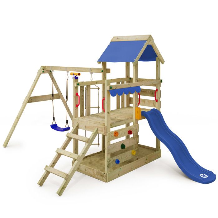 WICKEY Aire de jeux Portique bois TurboFlyer avec balançoire et toboggan bleu Maison enfant extérieure avec bac à sable