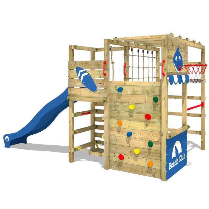 Aire de jeux WICKEY Smart Tactic Portique en bois Tour d´escalade avec balançoire et toboggan