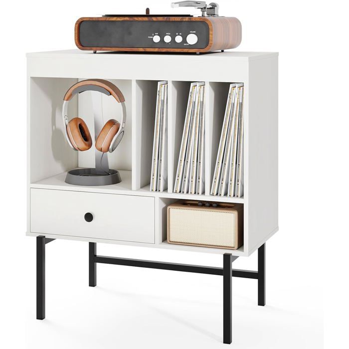 Support Tourne-disque 3 étages Avec Compartiments - Pour Vinyle, CD, Ampli - Meuble Rangement Salon 116x37x77 Cm