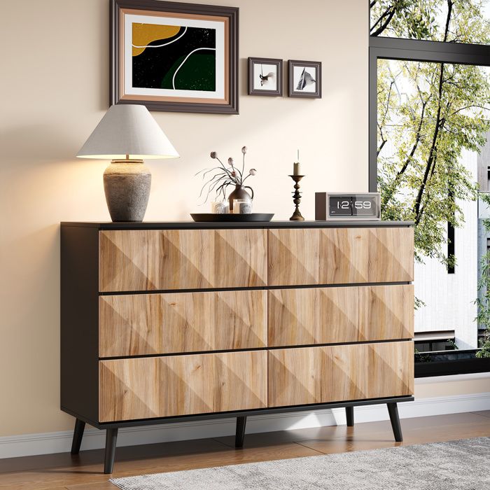 Buffet 120 x 40 x 85 cm - 6 tiroirs - Structure en fer - MDF + panneaux de particules - Naturel + Noir