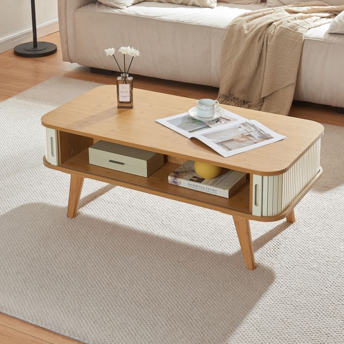 Table basse Tysvær bambou 100 x 50 x 40 cm naturel blanc crème