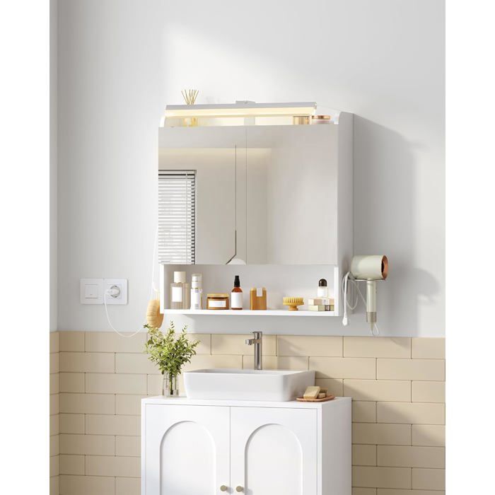 Armoire Murale Salle de Bain avec Miroir et LED Meuble de Salle de Bain avec Étagère Réglable Support Sèche-Cheveux Blanc