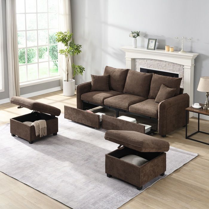 Canapé dangle multifonctionnel 3 placesRangement Tiroirs et PoufsFonction Couchage Tissu ChenilleMarron foncé