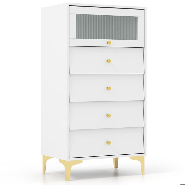 GIANTEX Commode à 4 Tiroirs- Armoire de Rangement Moderne- Porte Battante en Verre- Pieds en Métal- 60x40x112 5cm- Chambre Salon