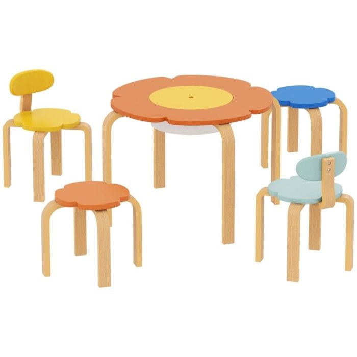 Ensemble table et 4 chaises enfants avec sac rangement - Motif floral - Salle de jeux - Chambre - Bois coloré 5 pièces 9x69x45cm Ensemble table et 4 chaises enfants avec sac rangement - Motif floral - Salle de jeux - Chambre - Bois coloré 5 pièces 9x69x45cm