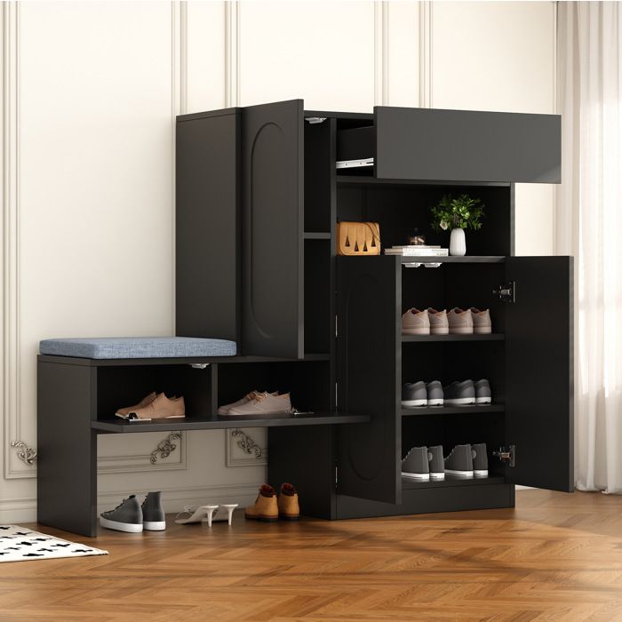 Maisentiel meuble à chaussures 2-en-1 avec banc noir coussin gris 130 x 35 x 110 cm