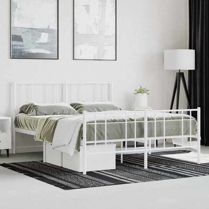 Cadre de lit double en métal - MEUBLECHIC - 140x190 cm - Blanc - Acier robuste - Lattes en métal - Pieds centraux
