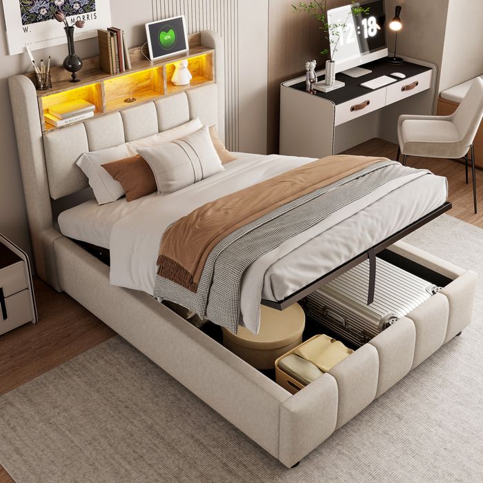Lit Coffre Simple Ado 90×200 cm Capitonné avec Rangement Hydraulique et Tête de Lit LED - Tissu Lin Beige