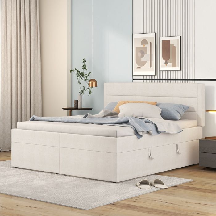Lit double rembourré 140 x 200 cm avec coffre de rangement beige